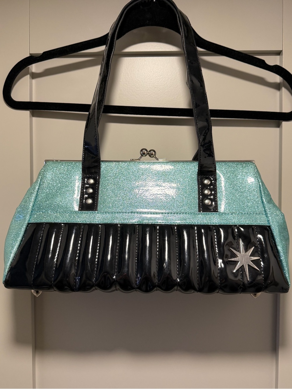 Lux de ville Black and Aqua Patent handbag